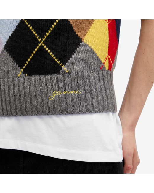 Ganni Multicolor Harlequin Wool Mix Knit Vest Frost