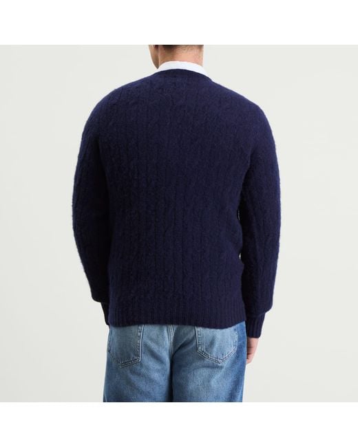 Drake's Blue Brushed Shetland Cable Jumper for men