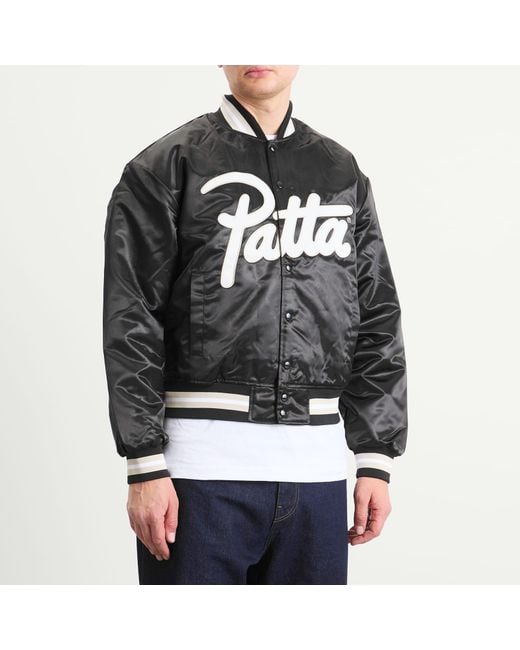 PATTA Black Script Logo Satin Varsity Jacket for men