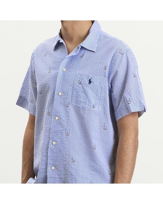 Polo Ralph Lauren Blue Seersucker Sailboat Short Sleeve Shirt for men