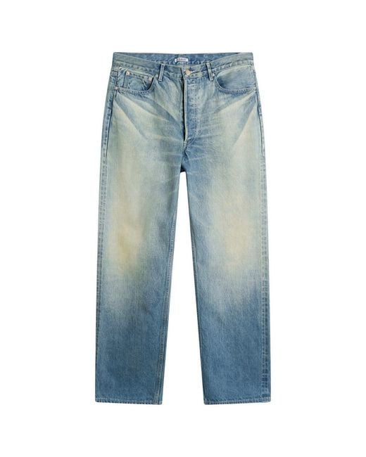 Auralee Blue Selvedge Faded Straight Jeans for men