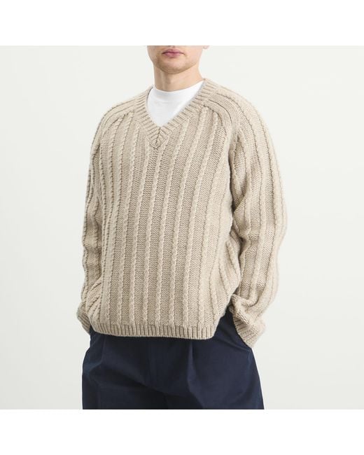 Studio Nicholson Natural Sussex V-Neck Wool Cable Knit Jumper for men