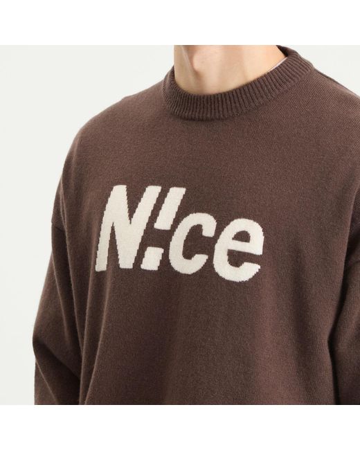 N!CE Brown Intarsia Logo Knit Sweater for men