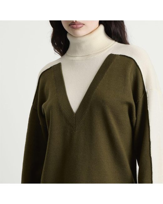 Maison Margiela Green Mm6 V-Neck Knitted Double Layer Jumper