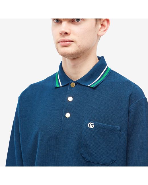 Gucci Long Sleeve Logo Polo Shirt in Blue for Men | Lyst