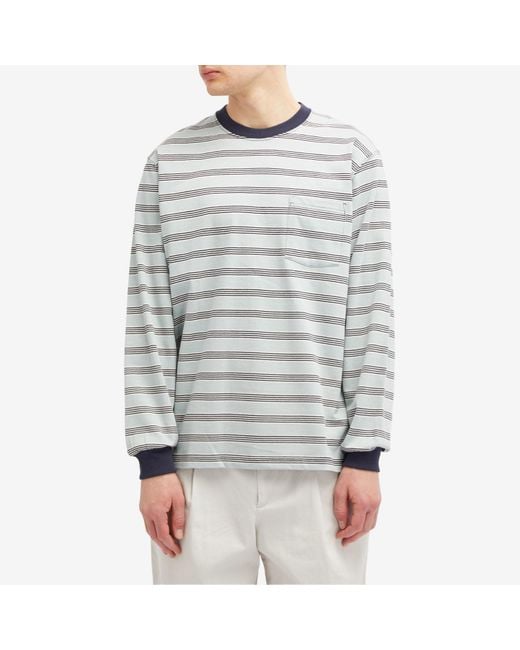 Beams Plus Gray Long Sleeve Multi Stripe Pocket T-Shirt for men
