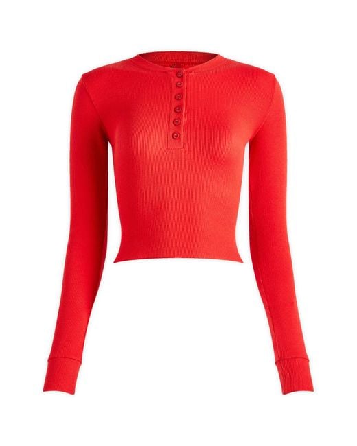 Skims Red Cotton Rib Cropped Henley Long Sleeve