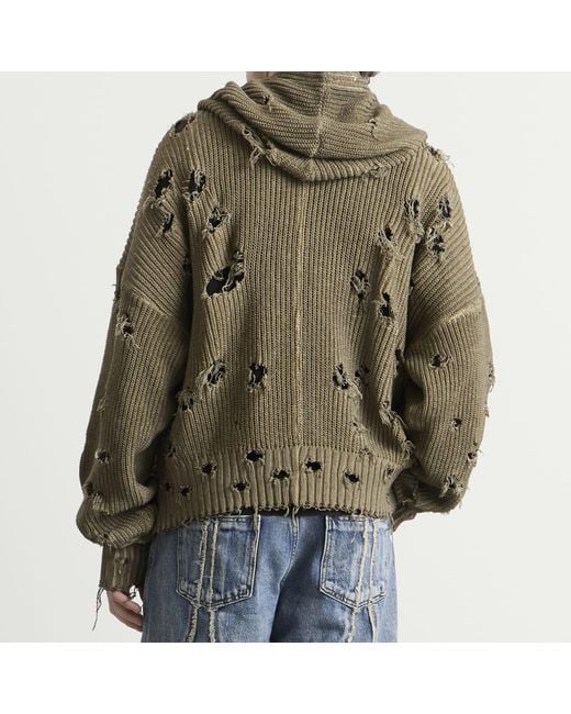 THUG CLUB Green Distressed Knitted Hoodie for men