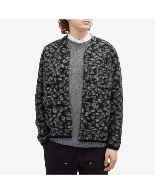 Universal Works Black Leopard Wool Fleece Cardigan for men