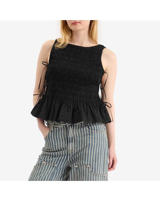 Ganni Cotton Poplin Smock Tie String Top in Black | Lyst