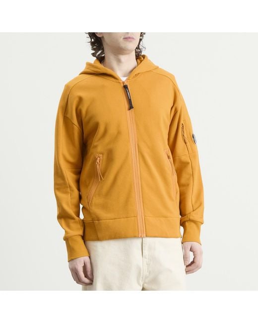 C P Company Yellow Diagonal Raised Fleece Hooded Lens Sweatshirt for men