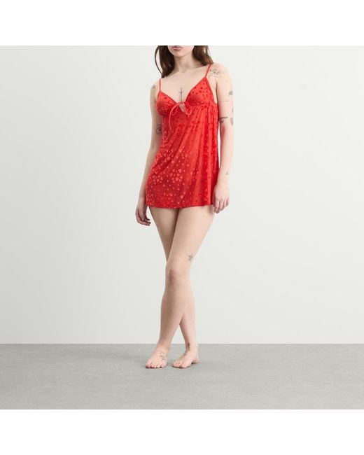 Skims Red Sheer Velvet Burnout Straight Neck Mini Dress