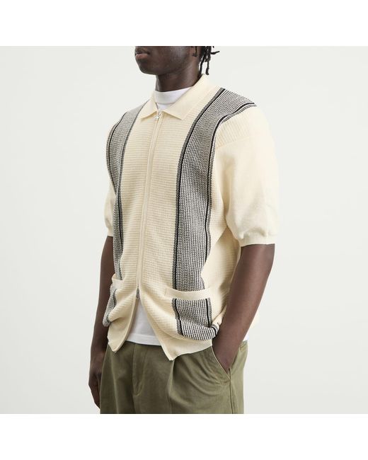 Beams Plus Natural Stripe Zip Knit Polo for men