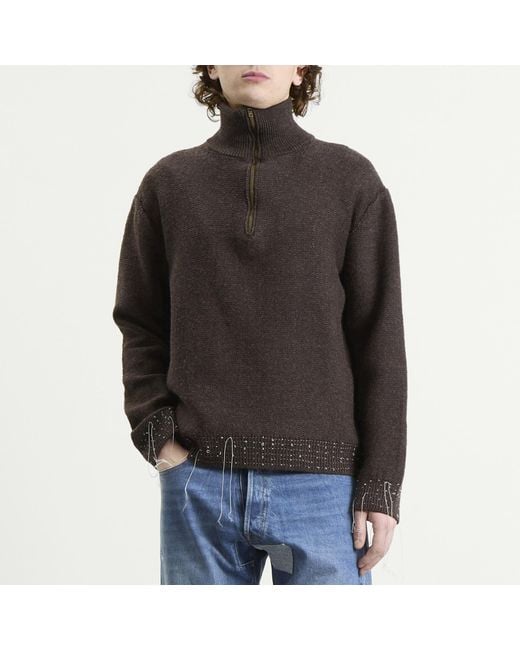 Maison Margiela Black Wool Distress Half Zip Knit for men