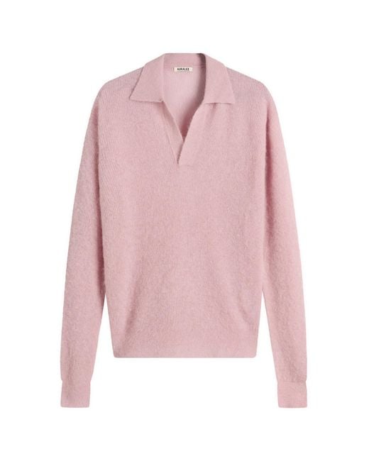 AURALEE Baby Suri Alpaca Sheer Knit Skipper Polo in Pink for Men