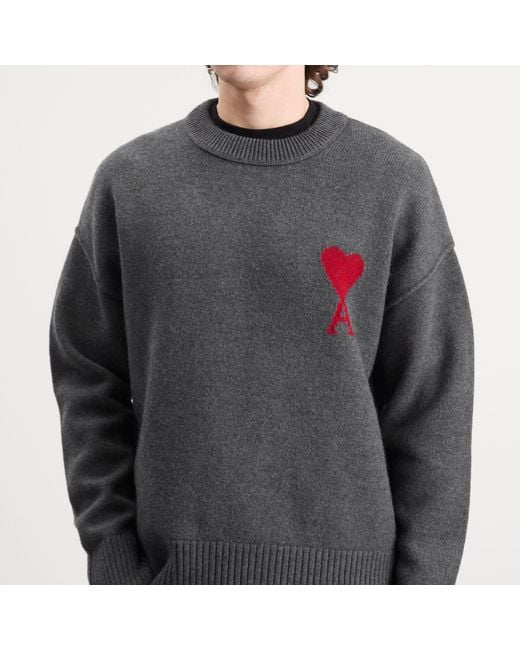 AMI Gray Felted Merino Wool Knit Adc Crew Neck Jumper for men