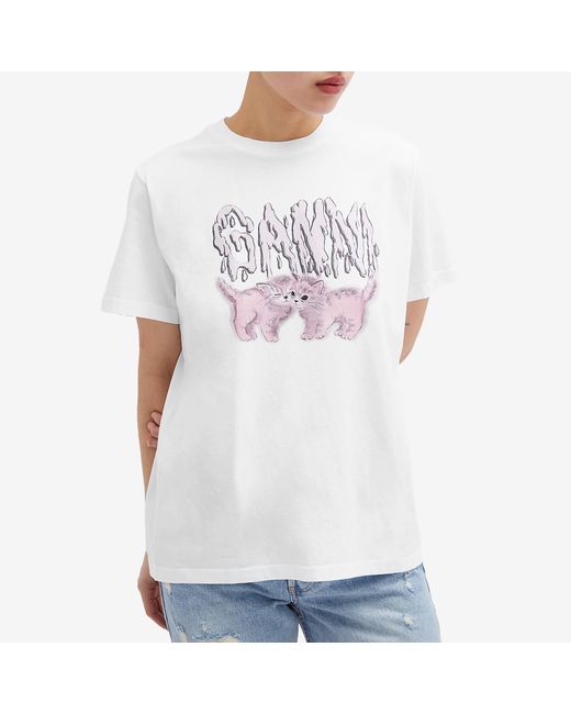 Ganni White Basic Jersey Cats Relaxed T-Shirt