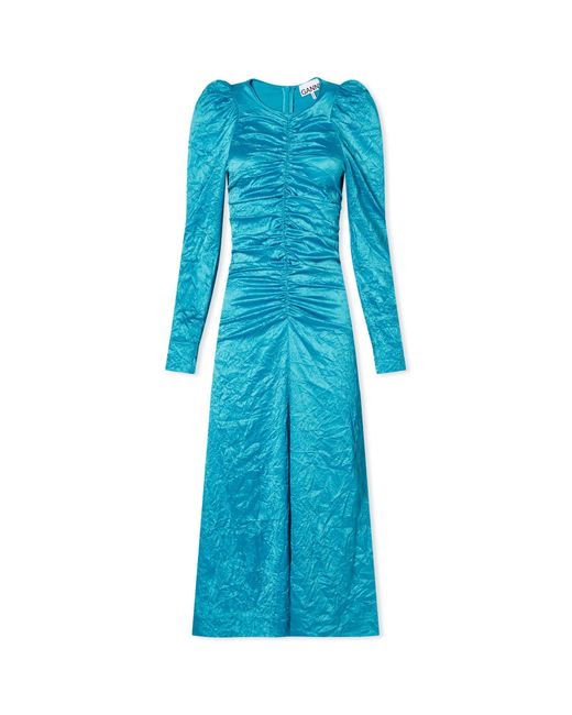 Ganni Blue Satin O-Neck Midi Dress