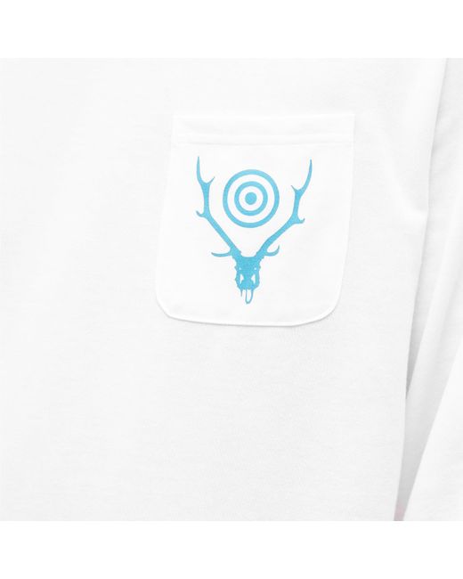 South2 West8 White Long Sleeve Circle Horn Pocket T-Shirt for men