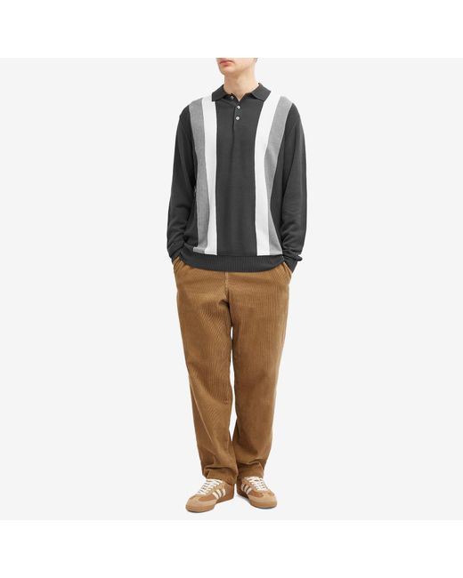 Beams Plus Gray 12G Stripe Knit Long Sleeve Polo Shirt for men