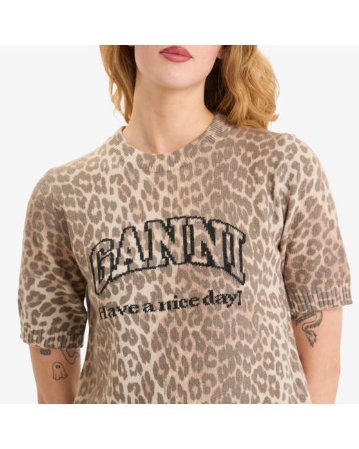 Ganni Brown Graphic Wool Mix Printed T-Shirt
