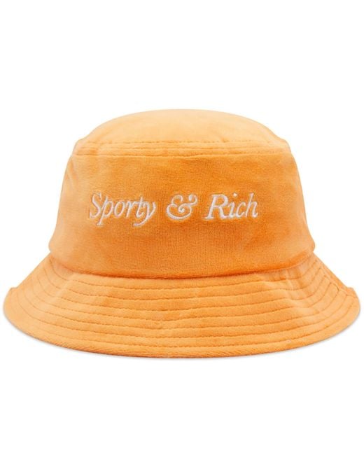 Sporty & Rich Orange Italic Logo Velour Bucket Hat