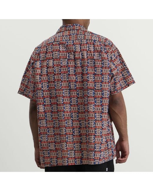 Beams Plus Purple Block Print Open Collar Shirt for men