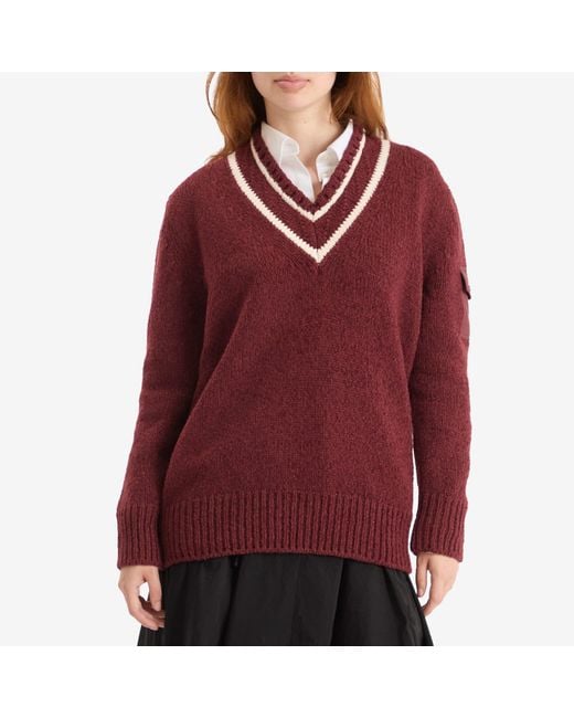 Moncler Red V-Neck Varsity Sweater