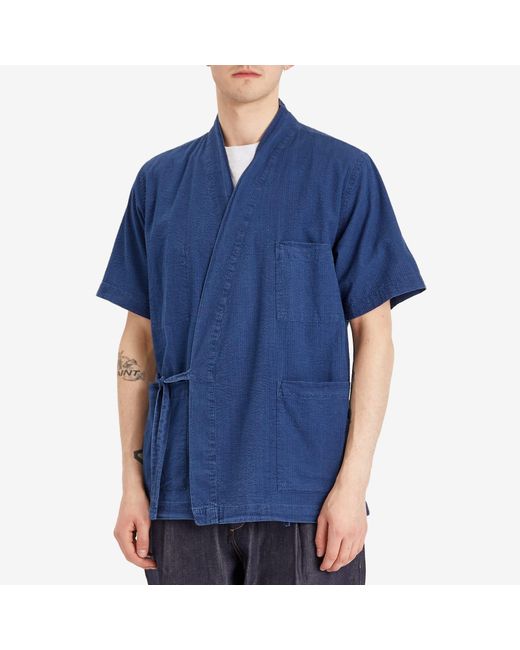 Universal Works Blue Seersucker Short Sleeve Kyoto Shirt for men
