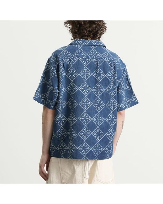 STORY mfg. Blue Hand Block Printed Greetings Shirt for men