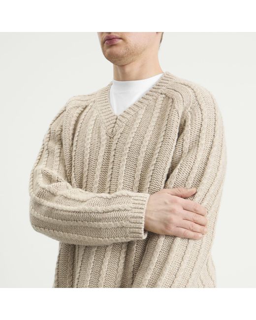 Studio Nicholson Natural Sussex V-Neck Wool Cable Knit Jumper for men
