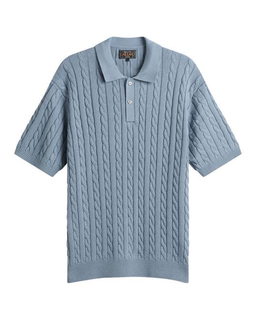 Beams Plus Blue Cable Knit Polo for men