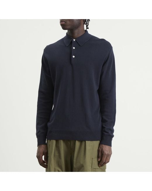 Beams Plus Blue 12G Knit Long Sleeve Polo Shirt for men