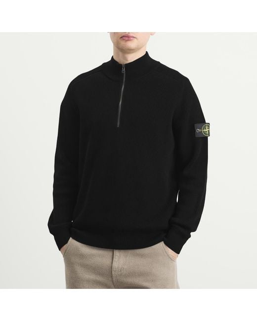 Stone Island Black Ribbed Soft Cotton Half Zip Knit Jumper for men