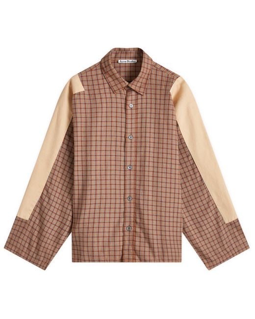 Acne Brown Relaxed Checked Flannel Shirt with Striped Arm Panel for men