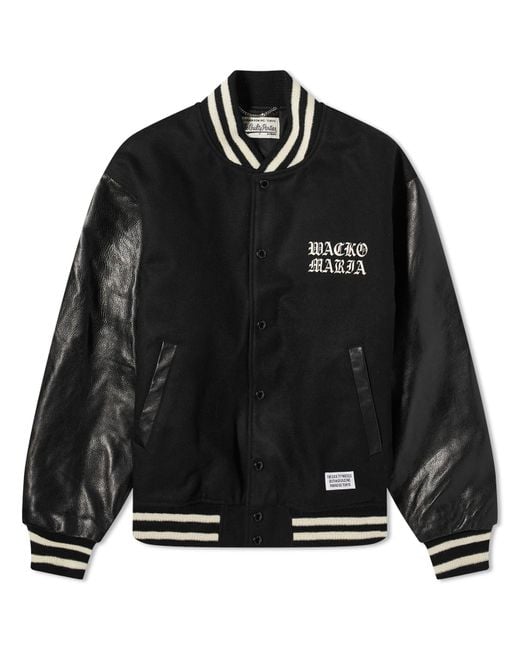 Wacko Maria Black Leather Varsity Jacket for men