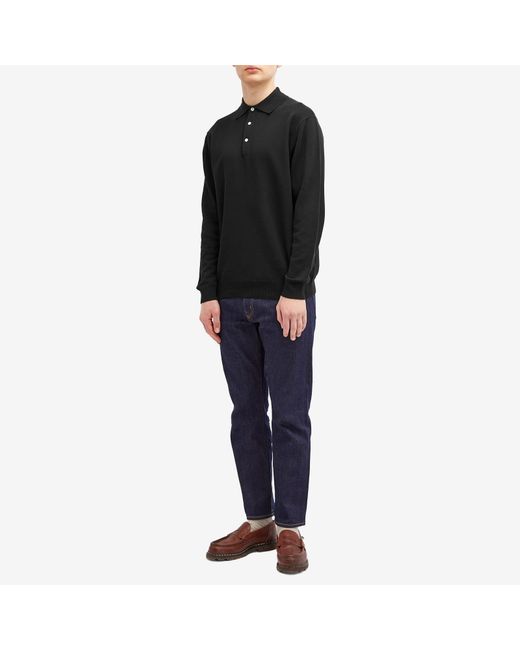 Beams Plus Black 12G Knit Long Sleeve Polo Shirt for men