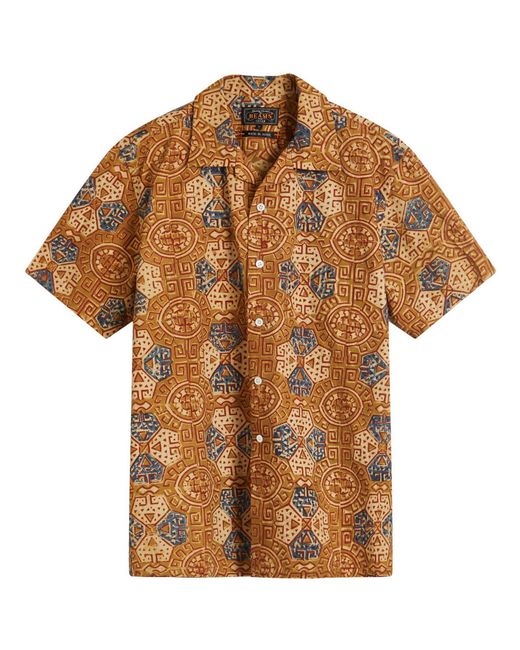 Beams Plus Brown Open Collar Geometric Block Print Shirt for men