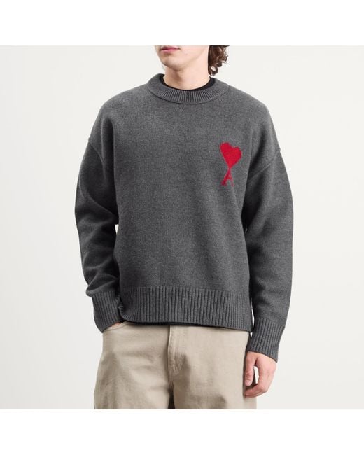 AMI Gray Felted Merino Wool Knit Adc Crew Neck Jumper for men