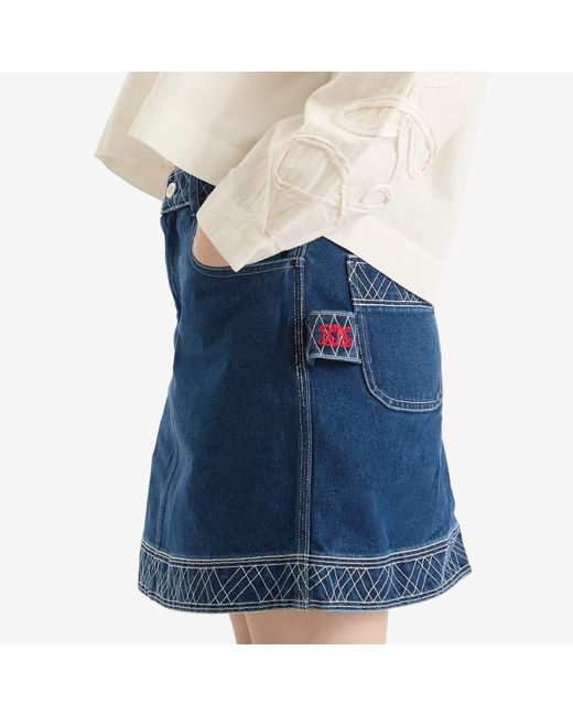 Bode Blue Embroidered Denim Skirt
