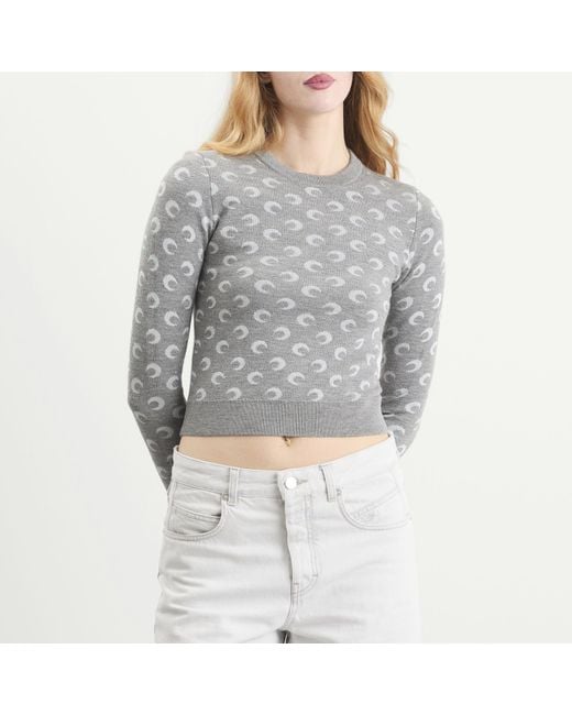 MARINE SERRE Gray Moon Jacquard Knit Fitted Crewneck Sweater