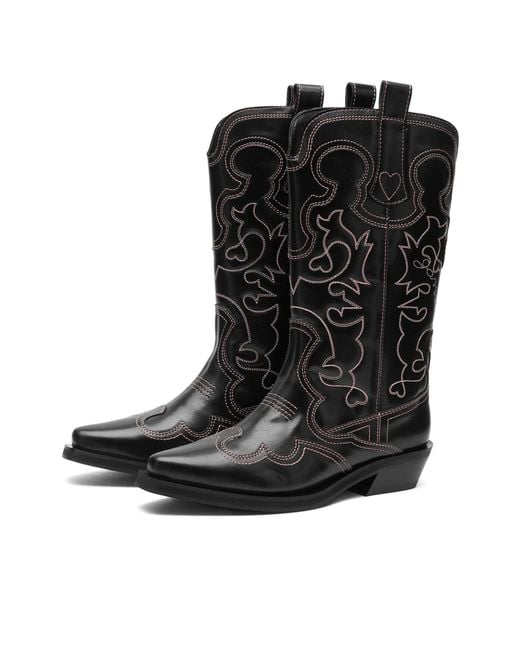 Ganni Black Mid Shaft Embroidered Western Boots