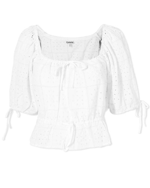 Ganni Light Broderie Anglaise Crop Top in White | Lyst