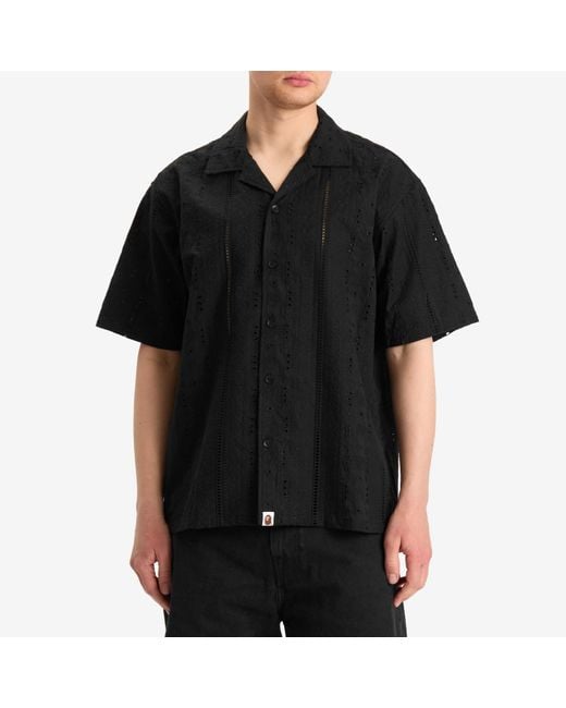A Bathing Ape Black Embroidery Open Collar Ss Shirt for men