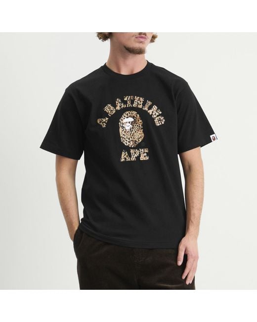 A Bathing Ape Black Wild Leopard College T-Shirt for men