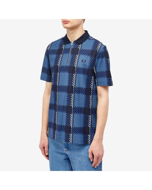 Fred Perry Blue Gllitch Tartan Zip Neck Polo Shirt for men
