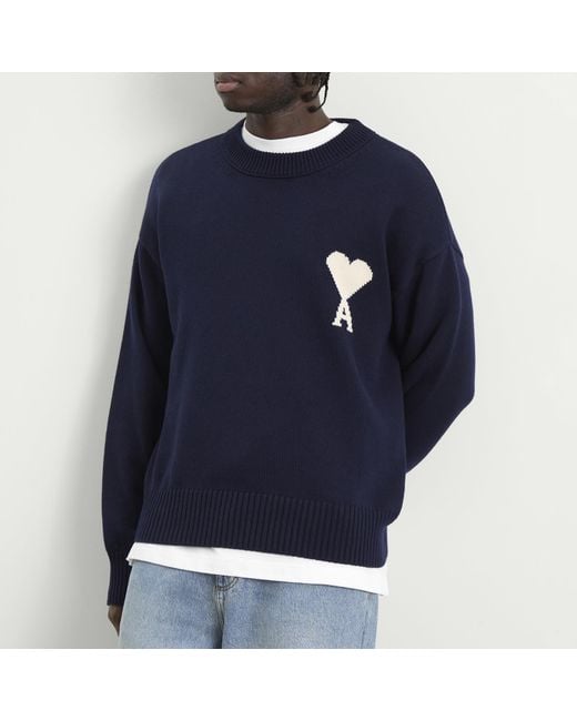 AMI Blue Crewneck Sweater With Contrasted Ami De Coeur for men
