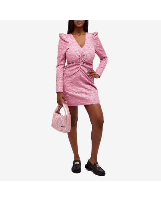Ganni Pink Stretch Jacquard V-Neck Mini Dress