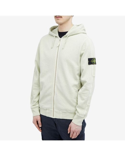 Stone Island White Garment Dyed Malfile Zip Hoodie for men