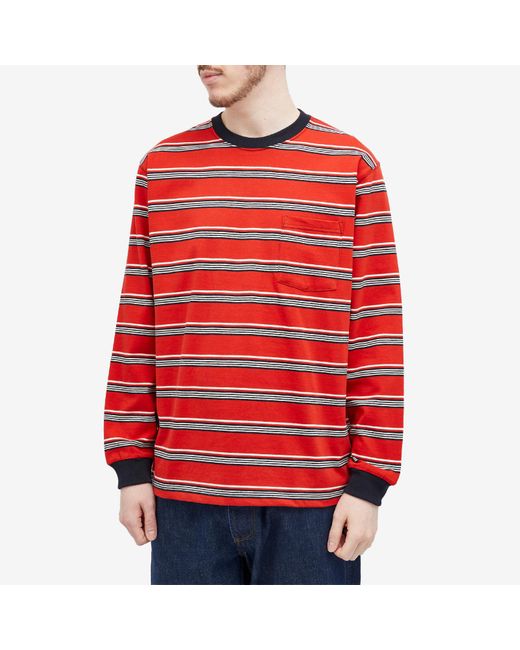 Beams Plus Red Long Sleeve Multi Stripe Pocket T-Shirt for men